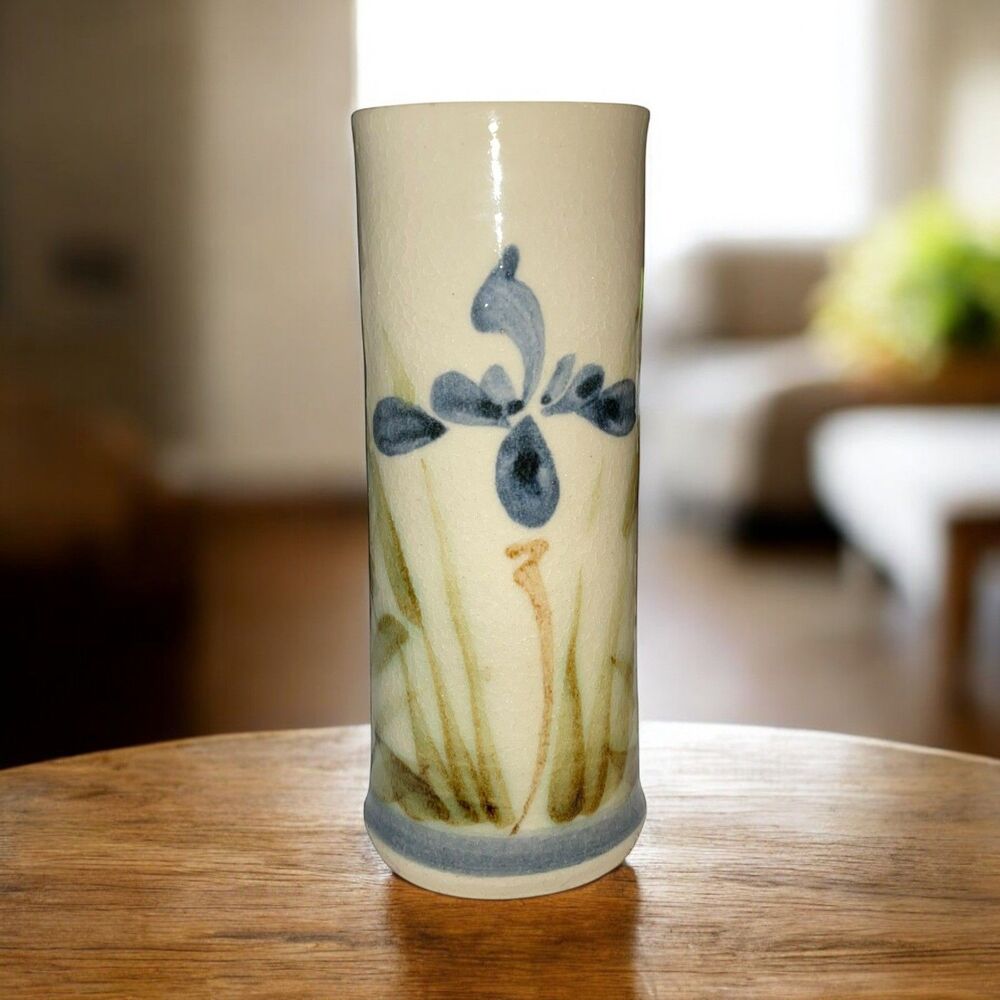 Hand Thrown Studio Art Ceramic Tall Cylindrical Blue Iris Vase Signed